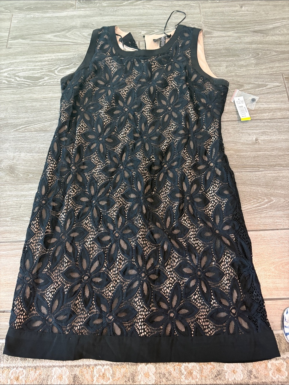 R&M Richards Black Floral Lace Midi Dress with Nude Lining